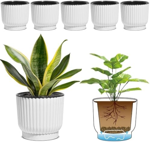 T4U Self Watering Pots for Indoor Plants, 6 Inch 6 Pack Planter White by T4U