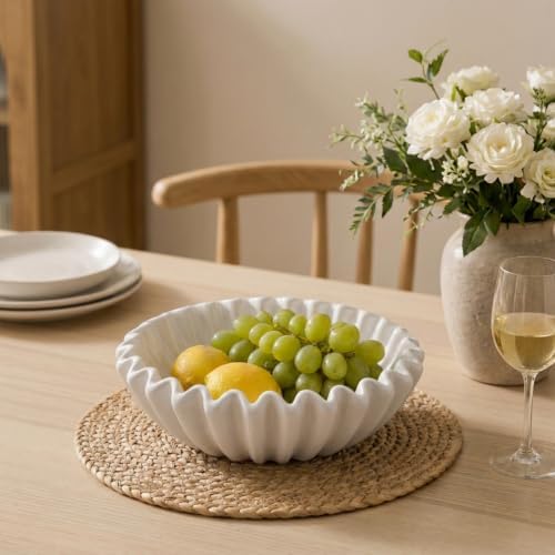 Large Ceramic Fruit Bowl Ivory Decorative Bowl for Coffee Table Entryway Kitchen Modern Home Decor Centerpiece 9.5 Inches Ruffle Fluted Scalloped Bowl - Image 2