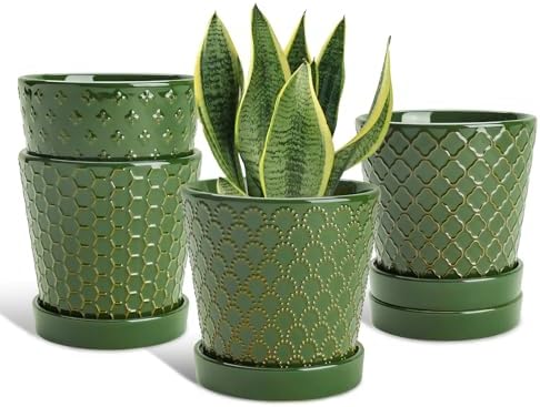 EFISPSS Ceramic Plant Pots, 5 Inch Planters with Drainage Holes and Ceramic Tray, Relief Design Flower Planter, Desktop Office Windowsill Decoration Gift Set of 4 - Blackish Green by EFISPSS