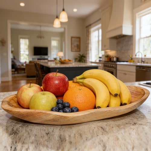 BTEOBFY 15-Inch Wavy Wooden Fruit Bowl - Handcrafted Solid Wood Decorative Basket for Kitchen Countertop - Large Rustic Dough Bowl Centerpiece, Natural Driftwood Decor for Bread & Snacks - Image 6