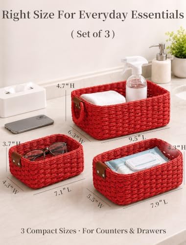 Small Wicker Baskets, 3 PCS Paper Rope Baskets for Shelves, Red - Image 2
