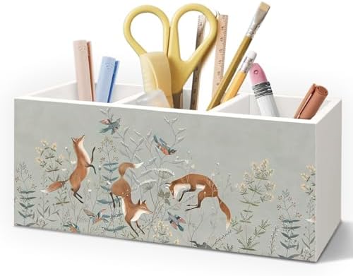 Vintage Fox Wooden Pen Pencil Holder for Desk Accessories, Fox Gifts for Women, Woodland Foxes and Birds Floral Botanical Wood Makeup Brush Toothbrush Holder Organizer for Vanity Bathroom by Unknown