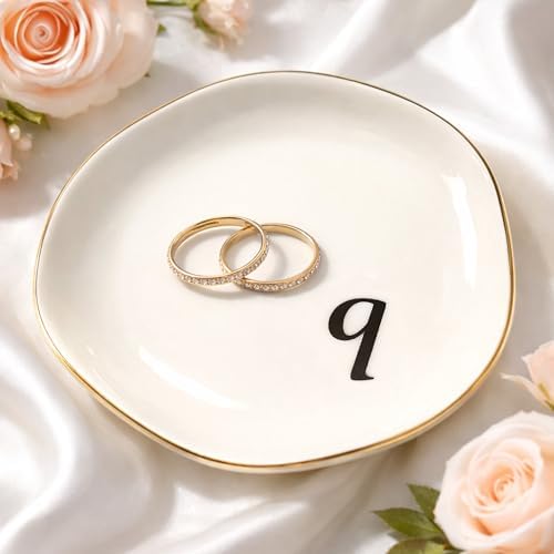 Initial Ring Dish - White Ceramic Jewelry Tray for Nightstand & Sink, Anti-Loss Trinket Organizer, Meaningful Engagement or Birthday Gift for Women, Sister, Friends (Letter Q) by Unknown