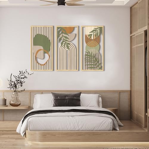 IARTTOP Boho Mid-Century Modern Wood Wall Art 16x32 Inch Large Green Abstract Wood Wall Decor Mid Century Bohemian Artwork for Bedroom Living Room Office Kitchen Set of 3 - Image 3
