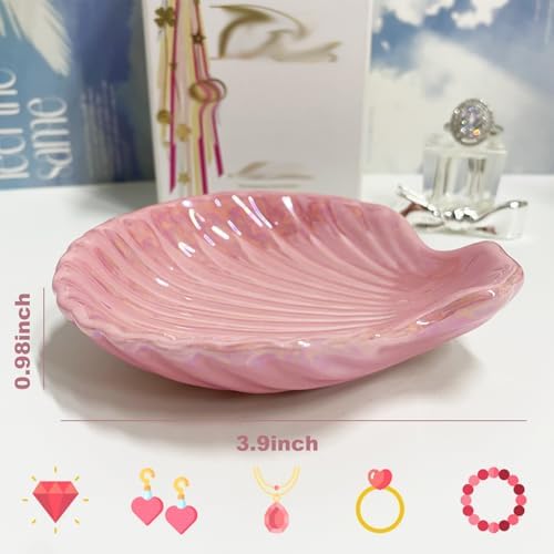 Shell Shape Ring Holder Dish, Seashell Jewelry Dish Tray, Ceramic Trinket Tray for Rings Earrings Necklaces Bracelet, Birthday Christmas Gift for Mom Friend Sister, 3.9", Pink Iridescent Surface - Image 2