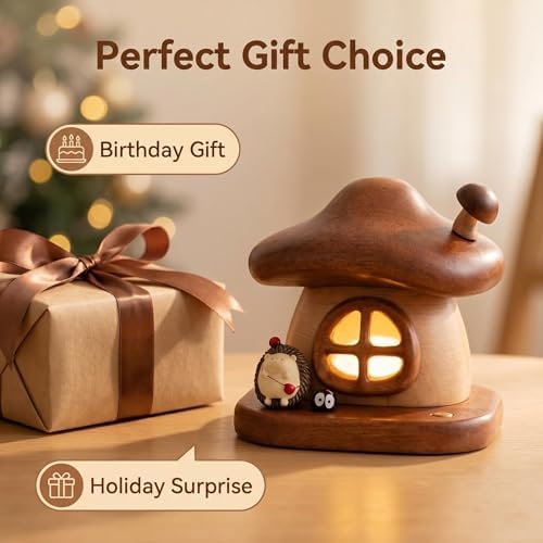 LONRISWAY Cordless Wood Mushroom Lamp, Small Battery Operated Wooden Table Lamp Portable Night Light, 3-Color Touch Control Wireless Stepless Dimming for Bedroom Nightstand for Birthday Gifts - Image 6