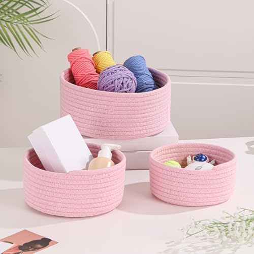 YMhoart Small Basket Cotton Rope Woven Baskets for Organizing Cute Mini Tiny Baskets for Nursery Decorative Boho Round Storage Bathroom Organization Bin Open Storage Bins (Pink) - Image 3