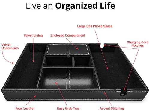 ULTRAY, Valet Tray for Men, Nightstand Organizer, Entry Table Organizer, Catch All, Black Faux Leather Box, 6 Compartments - Image 3