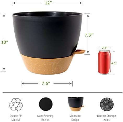 UOUZ 12inch 2Pack Large Self Watering Planters, Plastic Plant Pots with 60oZ Removable Deep Reservoir and Multi Mesh Drainage Holes for Indoor Outdoor Garden Plants and Flowers, Black with Brown - Image 2