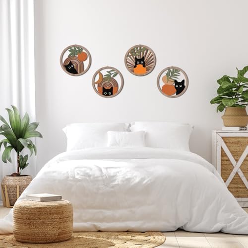HPNIUB Boho Black Cat Wall Decor, Farmhouse Geometric Hanging Wooden Wall Art, 4 Pieces 10''x10'' Mid Century Bohemian Abstract Moon and Sun Wood Sign for Nursery Bedroom Decoration, Lovely Cat Gifts - Image 3