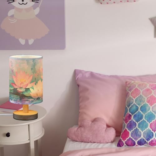 Art Painting Lotus Flowers and Leafs Bedside Table Lamps with USB Port for Bedroom Lamp Table Lamp Small Nightstand Lamp Linen Shade Wooden Base Decorative Lamps for Home Dorm Office Living Room - Image 5