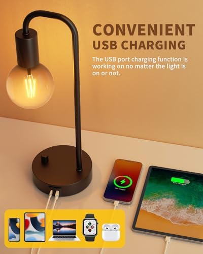 ONEWISH Industrial Table Lamp with 2 USB Port, Fully Dimmable Nightstand Bedside Lamps for Bedroom,Desk Lamps with 2700K Black Gradient Bulb for Reading Living Room,Office - Image 2