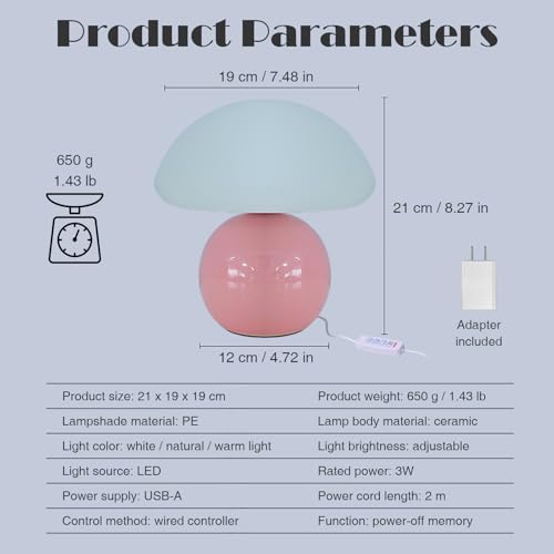 Cute Small Mushroom Lamp, PE Lampshade, Ceramic Base, Adjustable Light Color and Brightness with Power-Off Memory, Safe USB Powered, LED Mushroom Light for Bedroom Living Room (Pink) - Image 6