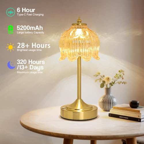 Cordless Table Lamp, Rechargeable Amber Glass Lotus Flower Lamp - Image 4