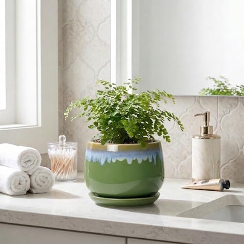 Ceramic Planter 6 Inch - Ceramic Pots for Plants with Drainage and Saucer, Decorative Small Succulent Pots for Indoor Plants, Round Plant Pot, House Decor, House Warming Gifts, Green-Blue - Image 7
