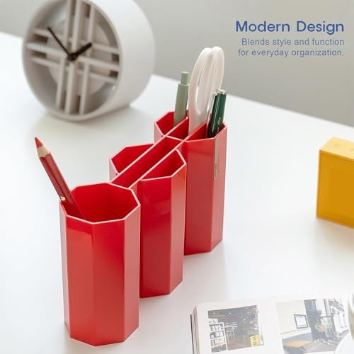 Octagonal Desk Organizer [Modern Red] - Multi-Compartment Aesthetic Pen Holder, Divided Pencil Cup for Office & Home, Modern Stationery Storage, Traditional K-Design Motif (Made in Korea) - Image 4