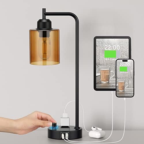 Innqoo Industrial Small Desk Lamp for Nightstand - Amber Clear Glass Shade Table Lamp with USB C Port, Fully Dimmable Black Bedside Lamp with USB Port and Outlet, Bedroom Lamp for Reading Office by Innqoo