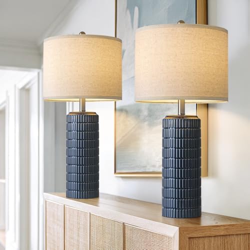 PoKat 27.5'' Tall Table Lamps for Living Room Set of 2, Ceramic Bedroom Lamps for Night Stands, Modern Bedside Lamps for Bedroom Living Room, Nightstand Lamps for Side End Table Hallway, Blue - Image 3
