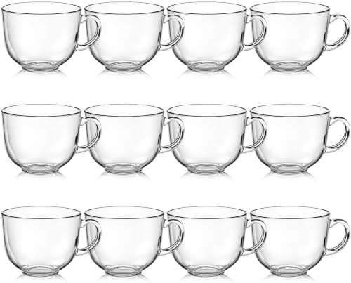 12 Pack Glass Coffee Mugs with Handles, 12 Ounces Glass Breakfast Mugs Bulk, Clear Tea Cups for Hot/cold Drinks, Glassware Set for Americano, Latte, Cappuccino(Simple) by Acellegic