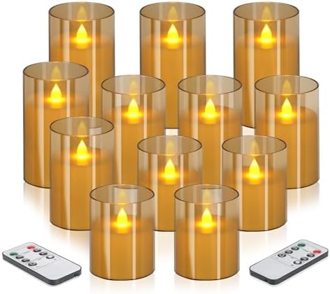 wemarry Flameless Candles 4" 5" 6" Acrylic Glass Pillars 3" Diameter Battery Operated Flickering Candles Include 8-Key Remote with Timer Function 400+ Hours (Amber, Warm Light 12 Pack) by wemarry