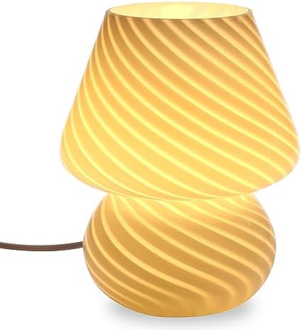 BSOD Mushroom Lamp,Glass Table Bedside Lamps Translucent Murano Vintage Style Striped Small Night Mushroom Decor Light Swirl for Ambient,Kids,Bedroom,Living,Girl Gift (Stripe White) by BosendaOpto