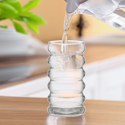Tessco for you 4 Pcs Creative Glass Cups Vintage Drinking Glasses Ribbed Glassware Aesthetic Cup Entertainment Dinnerware Glassware with Straws Set for Kitchen Coffee Beverage(13.5 Oz, 16 oz,Clear) - Image 6