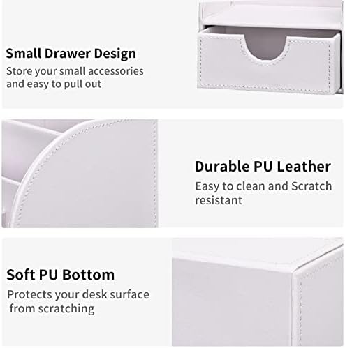 KINGFOM Pu Leather Desk Organizer Pen Pencil Holder Office Supplies Caddy Storage Box 6 Compartments with Drawer White (Full Pu Leather) - Image 3