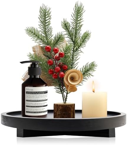 Black Round Decorative Wooden Tray for Bathroom Counter Table Trays Decor by Renawe
