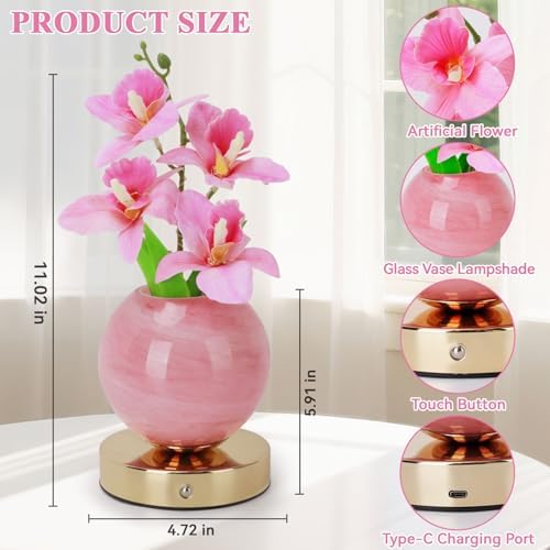 Flower Table Lamp, 3 Colors Orchid Night Light, Cordless Touch Dimming Artificial Flower with Vase Lamp, LED Bedside Night Light Romantic Gifts for Girl Women Mom (Pink Orchid) - Image 2