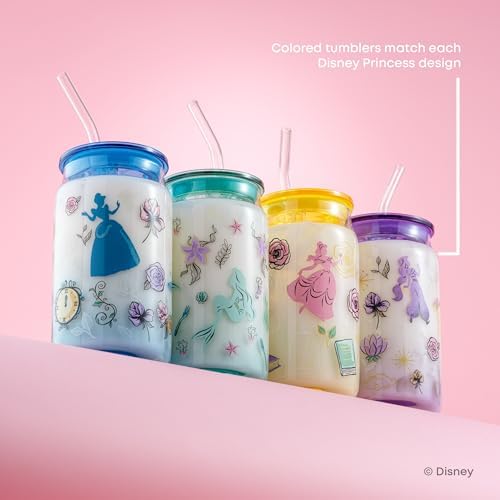 JoyJolt Disney Princess Icon Glass Tumblers with Lids and Straws, 16oz Glass Cups with Lids and Straws ft Princess Jasmine Ariel Cinderella Belle, 4pc Can Shaped Drinking Glasses, Iced Coffee Cups - Image 4