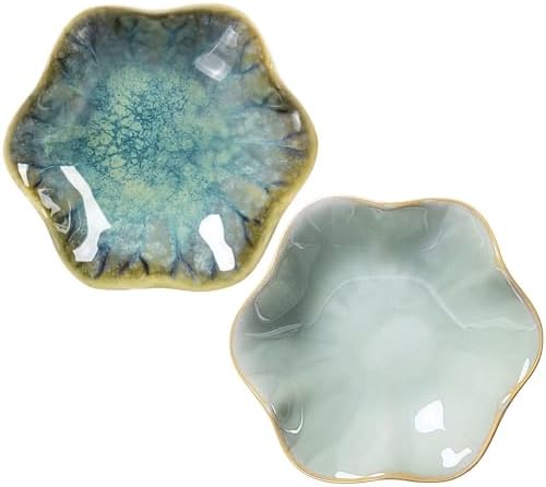 2Pcs Ceramic Jewelry Dish - Lotus Leaf Shape, for Ring Holder Necklace Small Key, Suitable for Mother Friend Sister, Gifts for Women, Cute Plate Trinket Tray, Home Decor (Crystal Green & Green) by Koyzsen