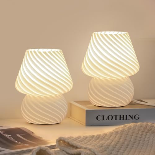 ONEWISH Mushroom Lamps Set of 2 - Small Bedside Table Lamp with Striped Glass, Nightstand Lamp for Bedroom, Living Room, Bulb Included(White) by onewish
