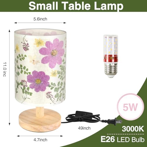 Dried Flowers Small Table Lamp 5W LED 3-Color Bedside Lamp Pressed Flowers Lampshade with Wood Base for Bedroom Living Room Desk Nursery - Image 5