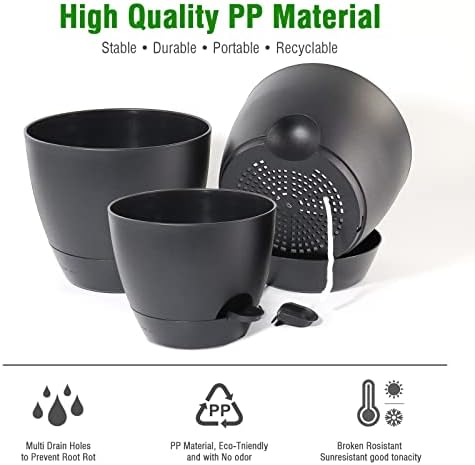 UOUZ Large Self Watering Pots, 12/10/9 Plastic Planters with High Drainage Holes and Deep Reservoir for Indoor Outdoor Garden Plants and Flowers, Black - Image 5