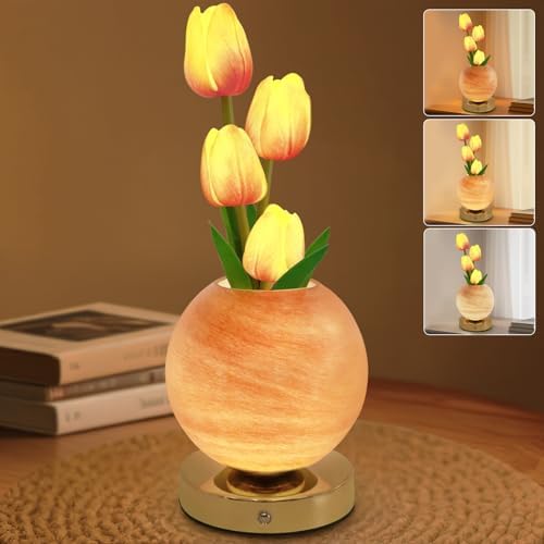 Tulip Table Lamp, Rechargeable Cordless Touch Dimming Artificial Tulip Flower Desk Lamp, LED Flower Bedside Night Light Romantic Gifts for Girl Women Mom (Orange) by Strackvial