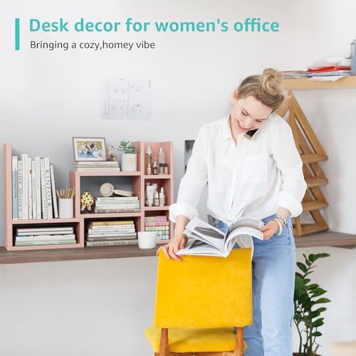 NUTIKAS Desk Shelves Desktop Organizer Shlef - Pink Office Organization for Top of Desk Organizers and Accessories Corner Bookshelf Table Top Shelving Small Hutch Decorations for Office - Image 7