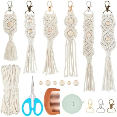 INFUNLY 6PCS Boho White Macrame Keychain Kit Adult DIY Keychain Making Kit Wood Beaded Keychains with Tassel Key Ring for Women for Key Handbags Backpacks Instructions Include by INFUNLY