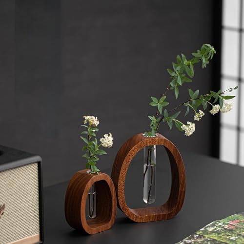 Solid Wood Glass Vase, Solid Wood Test Tube Creative Walnut Vertical Desk Hydroponics, Enhances Home and Office Environment, Small Size, for Home Decoration and Office (L) - Image 2