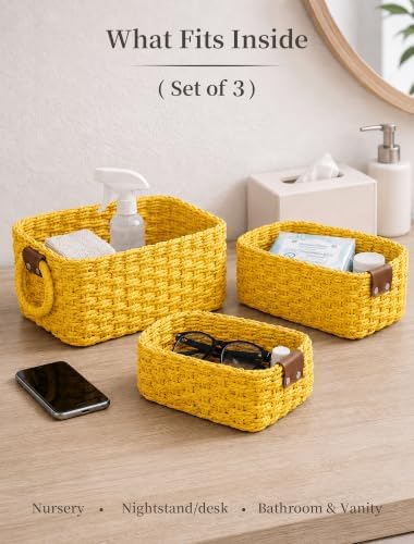 Small Wicker Baskets, 3 PCS Paper Rope Baskets for Shelves, Yellow - Image 3