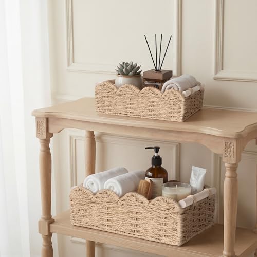 iEGrow Paper Rope Small Storage Baskets for Organizing, Set of 2 Scalloped Edge Wicker Basket with Wooden Handles Toilet Paper Basket for Over Toilet Storage Shelf, Home Decor, Living Room (Beige) - Image 6