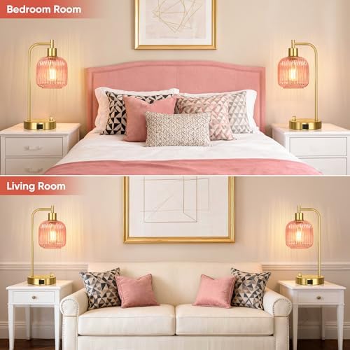 Pink Glass Table Lamps Set of 2, Dimmable Bedside Lamps for Living Room - Image 7