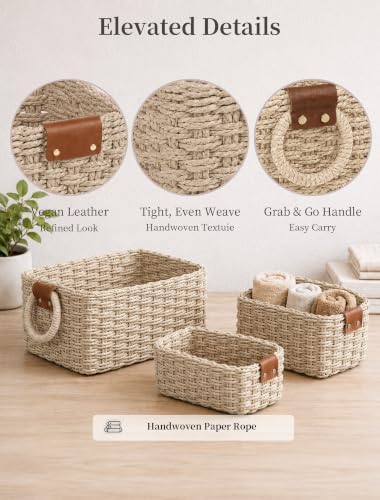 Small Wicker Baskets, 3 PCS Paper Rope Baskets for Shelves, Beige - Image 4
