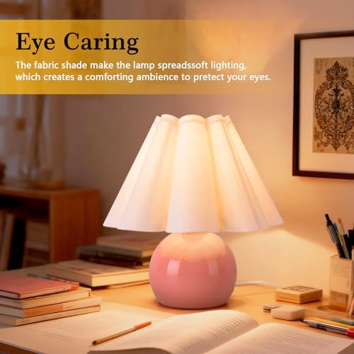 Pink Small Bedside Mini Table Lamp for Bedroom, Cute Bedroom Lamps for Nightstand, Cute Mini Table Lamps for Small Spaces with Scalloped Shade for Kitchen Counter, Bookshelf, Kids Dorm, Home Office - Image 6