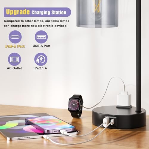 Innqoo Industrial Touch Bedroom Lamps for Bedrooms Set of 2-3-Way Dimmable Table Lamps with USB C+A Ports and Outlet, Bedside Lamps with Gray Glass Shade for Living Room, Desk Lamps for Home Office - Image 3