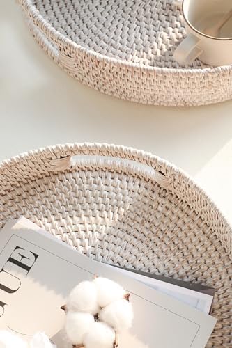 HITOMEN 11.8" Hand-Woven Round Rattan Serving Tray Decorative Wicker Trays with Handles for Coffee Table (Whitewash-M) - Image 3
