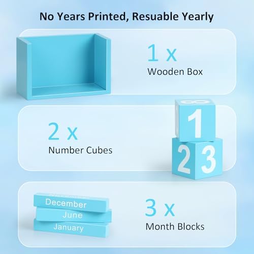 Wooden Block Calendar for Desk, Small Size Daily Desktop Perpetual Desk Calendar, Cute Date Display Desk Accessories for Home Office Decor, Teacher, Classroom, Reusable Yearly, Blue - Image 4