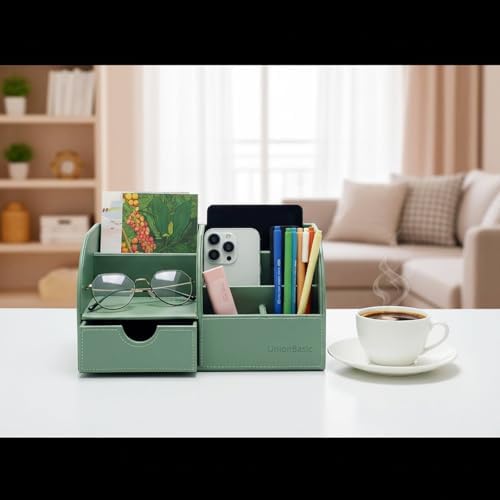 UnionBasic Desk Organizer - Multifunctional Leather Desktop Pen Holder Storage Box - Business Card/Pen/Pencil/Mobile Phone/Stationery Holder, Malachite Green - Image 4