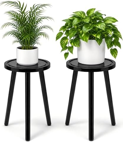 2-Pack Wood Plant Stands Indoor, 16.7" Tall Plant Stand Outdoor Mid-Century Plant Stool, Single Plant Table Modern Small Round Side/End Table for Living Room, Balcony, Office(Black) by Unknown