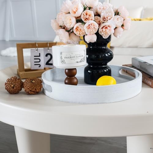 11.8" Round Wooden Decorative Tray with Handles,White - Image 3