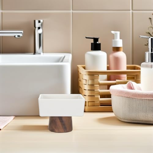 HOMSFOU White Ceramic Jewelry Tray with Wooden Base for Home Storage - Image 5
